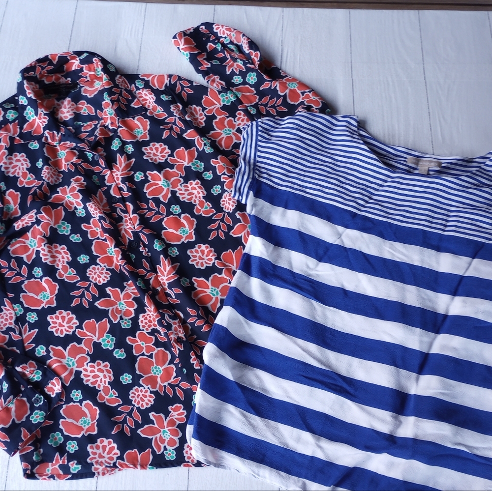 X2 Banana Republic Blouses Size S Button Front Floral Top and Blue Stiped Tee